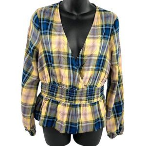 EXPRESS Blue Yellow Plaid V Cut Rayon Long‎ Sleeve Top